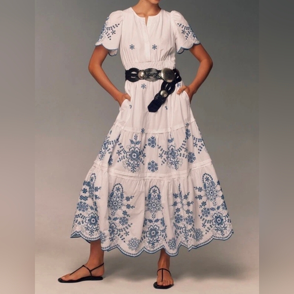 Anthropologie Dresses & Skirts - Anthropologie Tge Somerset  White Maxi Dress Blue Floral Embroidery Sz XXS